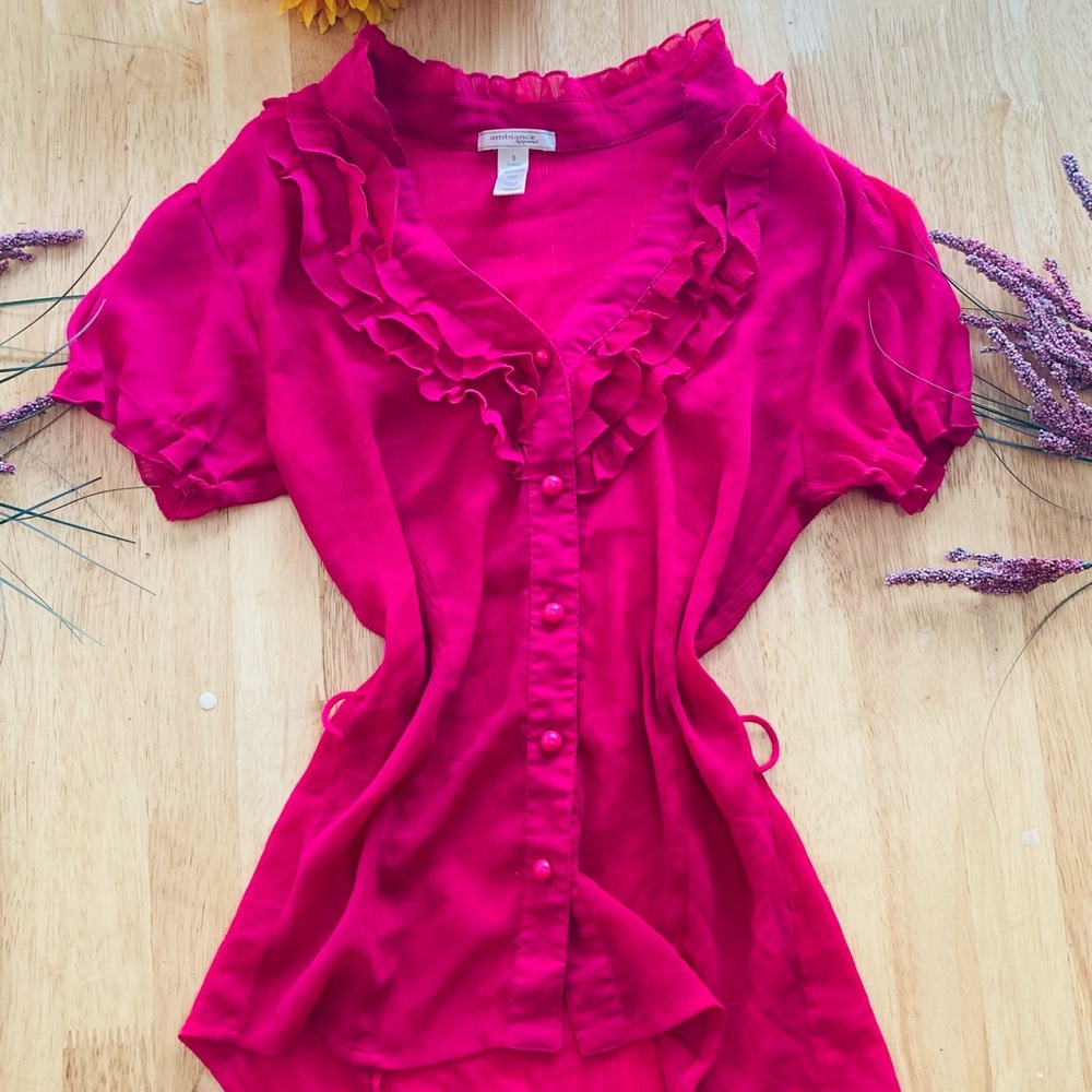 Ambiance Pink Puff Sleeve Ruffled Blouse